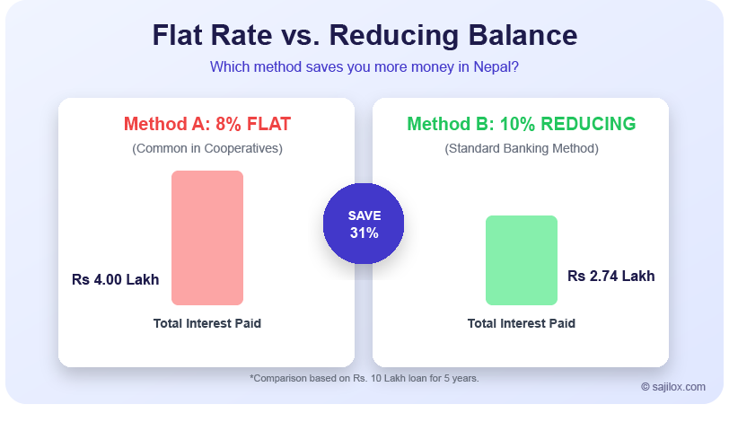 Comparison Chart: 8% Flat Interest Rate vs 10% Reducing Interest Rate in the Nepalese banking market
