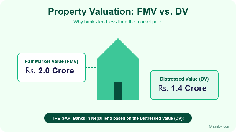Property Valuation Diagram: Comparing Fair Market Value (FMV) vs Distressed Value (DV) in Nepal real estate