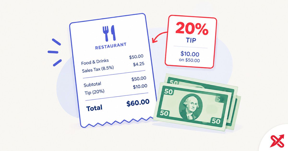 Receipt and cash showing a 20 percent tip on a 50 dollar bill, total 60 dollars
